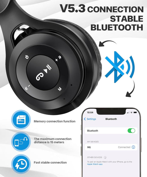 Kids Bluetooth Headphones, Over Ear Children's Wireless Bluetooth 5.3 Headsets, Built-in Mic, Comfortable Wear & HD Sound, Kids Headphones for Boys Girls School Travel iPad Tablet (Black)
