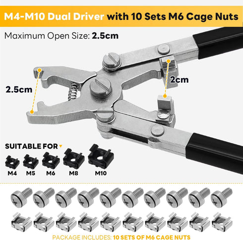 GuanDaooL 10 Sets M6 M4 M5 M6 M8 M10 Rotable Dual Head Cage Nut Tool Kit with Silver Rack Mount Screws - Screw Install