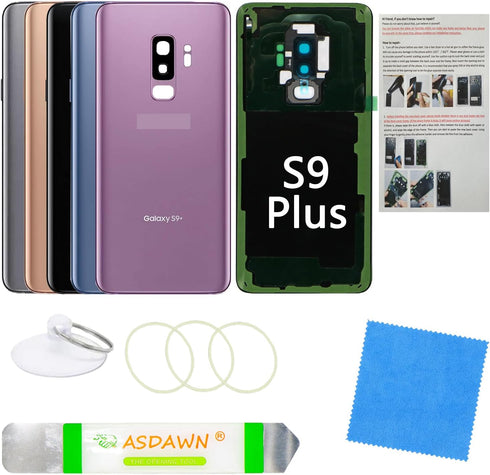 Galaxy S9+ Back Glass Cover Replacement Housing Door with Pre-Installed Camera Lens, Adhesive & Repair Tools for