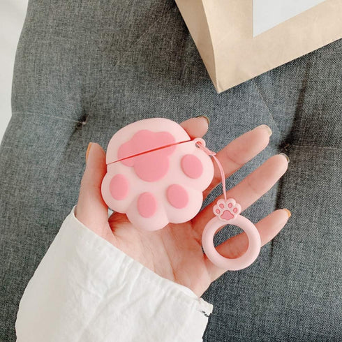 Cat Paw AirPods Case 1/2 - Compatible Protective Silicone Skin for Women - Funny Kawaii 3D Cover with Ring (Pink)