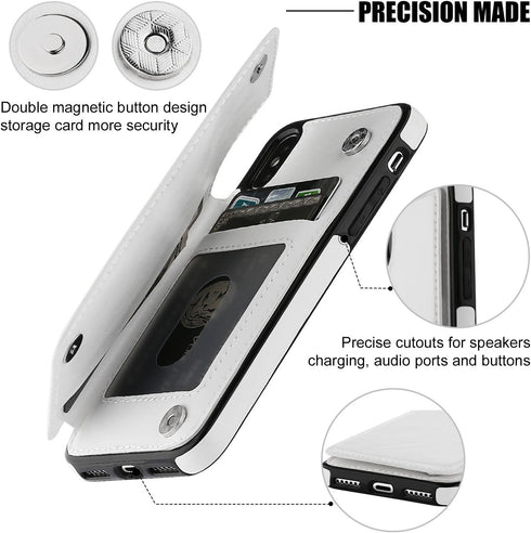 iPhone Xs iPhone X Wallet Case, Premium PU Leather Kickstand with Card Holder, Double Magnetic Clasp (White)