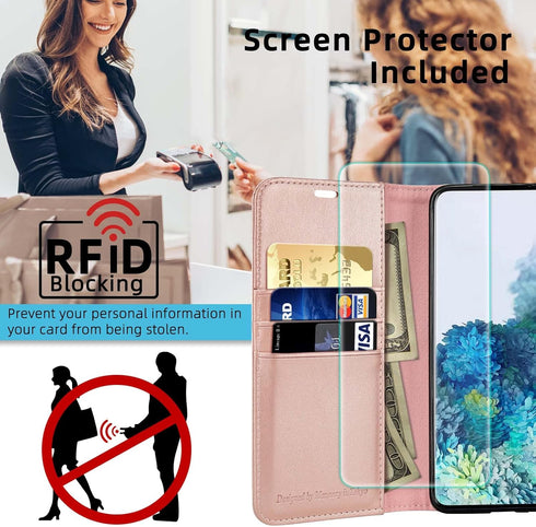 MONASAY Rosegold Wallet Case for iPhone 15 Plus/14 Plus 5G, 6.7" - Flip Folio, RFID Blocking, Credit Card Holder, Glass