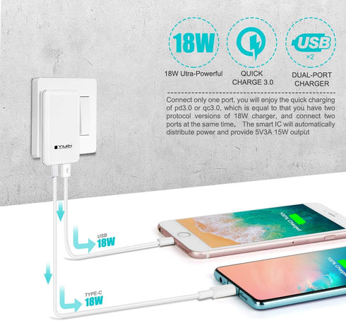 Charging Adapter, Ultrathin 2-Port PD Charger with 18W Fast Charging, QC3.0, USB-C, for iPhone 11/12/Pro Max, Airpods, Galaxy, Smart Phones