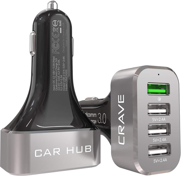 Crave CarHub 54W 4 Port USB Car Charger, Qualcomm Quick Charge 3.0, Black
