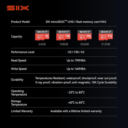 SIX M200 128GB 190MB/s 4K A2, U3, V30 128GB Micro SD Card Read Up to for UHD Continuous Recording - microSDXC Memory
