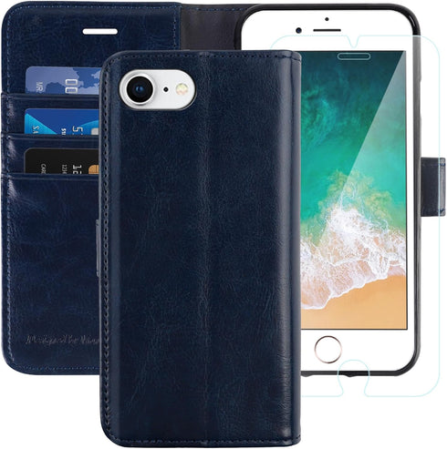 MONASAY Flip Folio Leather Wallet Case for iPhone SE 2022/2020 5G, iPhone 7/8, 4.7-inch, Blue with [Glass Screen