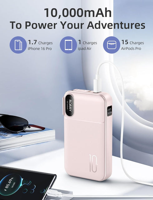 RORRY 10000mAh Pack 22.5W 17/16/15 S25/S24/S23 Portable Charger Built in Cables, AC Wall Plug in Portable Charger Power
