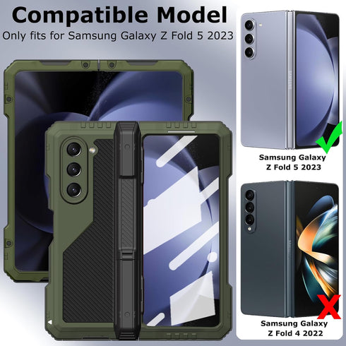 Rugged Heavy Duty Metal Case for Samsung Galaxy Z Fold 5 with Slim S Pen Holder, Full-Body Protection, Green