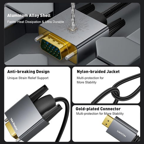 HDMI to VGA Cable Adapter 3.3FT, Gold-Plated Plugs, 1080P Aluminum HDMI to VGA Display Braided Cord