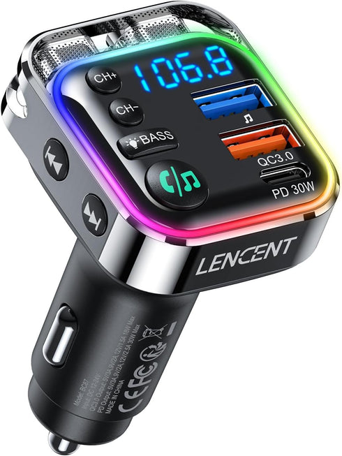 LENCENT Bluetooth 5.3 FM Transmitter, PD 30W & QC3.0 Fast Charger Bluetooth Car Adapter for Hi-Fi Music