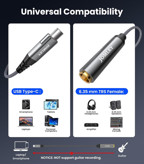 JOMLEY 1/4 3.3ft/1M, 1/4 Inch 6.35mm USB C to Headphone Adapter TRS Female to USB C Stereo Jack Headphone Adapter Cable