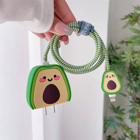 3D Cute Cartoon Charger Protector Case for Apple 20W USB-C Power Adapter and Lightning Cable (Green Avocado)