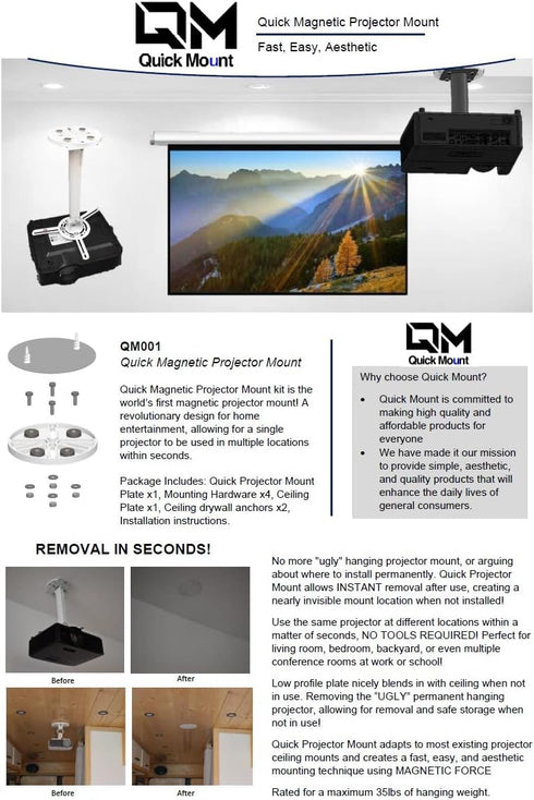 Quick Mount Quick Magnetic Projector Mount, Compatible with Most Ceiling Wall Projector mounts (YiePhiot, WALI, VIVO
