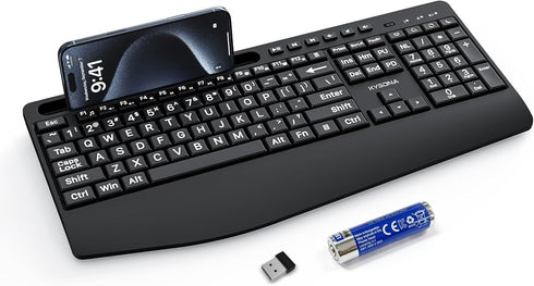 KYSONA Large Print Wireless Keyboard, Full Size Cordless Computer Keyboard with Phone Holder,
