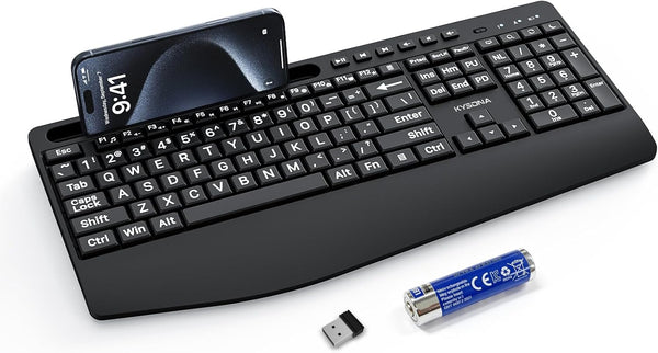 KYSONA Large Print Wireless Keyboard, Full Size Cordless Computer Keyboard with Phone Holder,