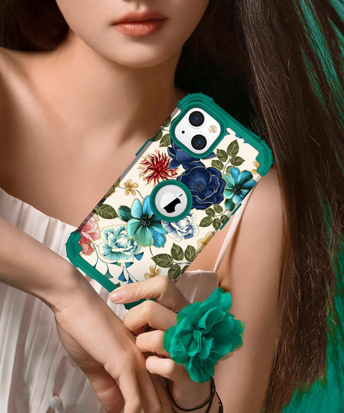 Hocase iPhone 14/13 Case - Heavy Duty Shockproof Protection, Soft Silicone & Hard Plastic Bumpers, Teal Flowers (6.1")