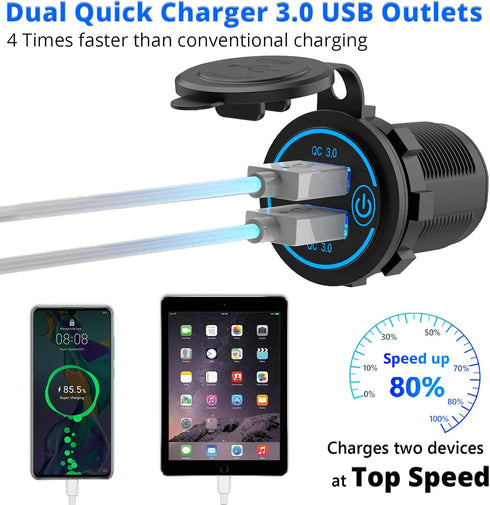 5 Pack Quick Charge 3.0 12V USB Outlet - Qidoe Waterproof QC3.0 Dual USB Power Outlet with Touch Switch for 12V-24V