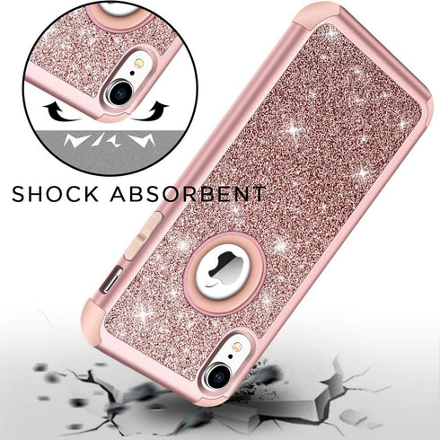 Hython Compatible with iPhone XR Case, Heavy Duty Full-Body Defender Protective Bling Glitter Sparkle Hard Shell Armor Hybrid Shockproof Silicone Rubber Bumper Cover for 6.1-Inch, Rose Gold