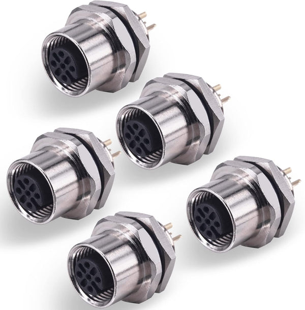M12 5 Pin Aviation Connector Plugs, 12mm Female Socket Solder Cup, IP67 Waterproof, 5PCS Back Mount Coupling