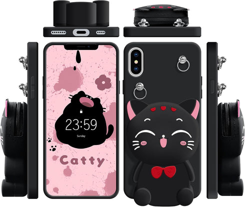 SGVAHY Wallet Case for iPhone XR, Cute Cat Black Coin Purse, Kawaii Soft Silicone Shockproof Cover