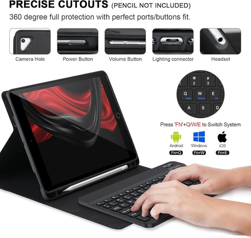 iPad Keyboard Case 9.7’’ for iPad 6th Gen 2018, 5th Gen 2017, Bluetooth Keyboard with Pencil Holder (Black)