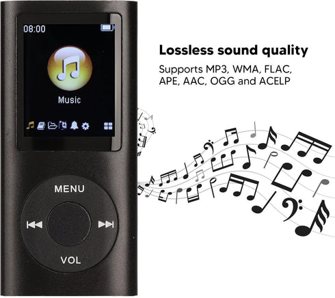 Zopsc MP3 1.8 Inch 64GB, 200mAh Portable Player, Lossless HiFi Music Player with LCD Screen, Memory Card Slot Support