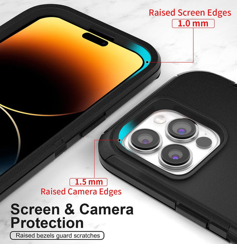 iPhone 14 Pro Max Case 6.7" - Heavy Duty Full Body Protection, Belt Clip Holster, Kickstand, 2 Screen Protectors, Black.