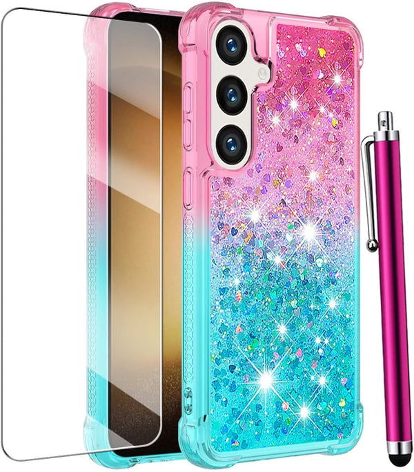 Samsung Galaxy S24 Case with Screen Protector, Luxury Glitter Bling Liquid Floating Cute Shockproof Slim Silicone Cover