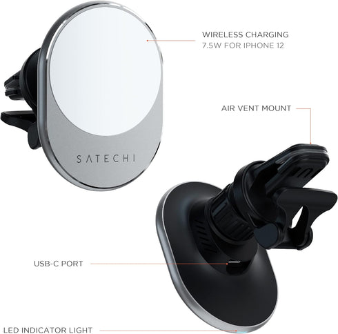 Satechi Magnetic Wireless Car Charger (Qi Wireless Charging) 7.5W Air Vent Mount for iPhone 15 Pro Max/15 Pro/15 Plus