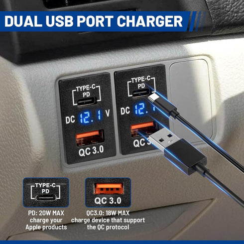 Anina Car Charger Socket, Dual PD USB Ports Power Adapter QC3.0 for 2008-2024 Toyota Tacoma 4Runner