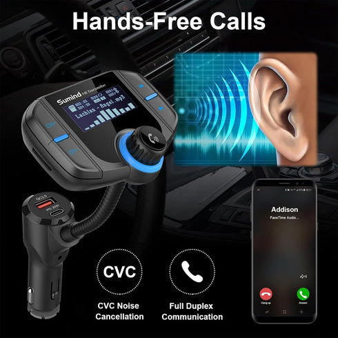 Upgraded Bluetooth FM Transmitter, Wireless Radio Adapter with 1.7'' Display, QC3.0 Dual USB Ports, AUX Input/Output