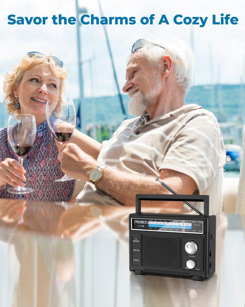 PRUNUS Portable Radio AM FM, Battery Operated and Plug in Wall, Loud Speaker with AUX in and Microphone