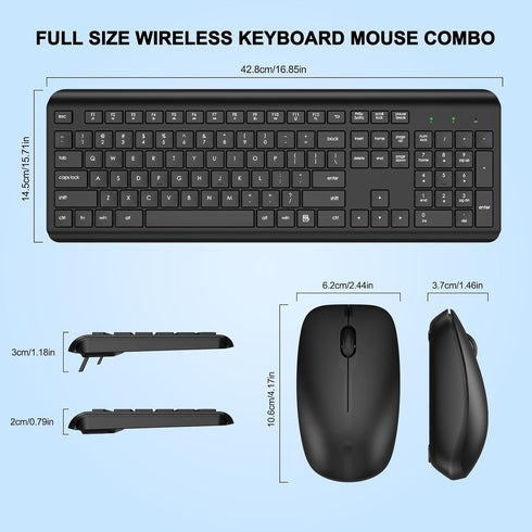 EDJO 2.4G Wireless Keyboard and Mouse Combo, Full Size Silent Ergonomic Keyboard and Mouse, Long Battery Life, Optical