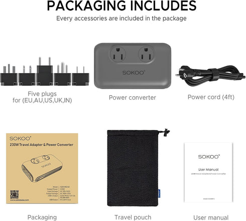 SOKOO 230-Watt Step Down Voltage Converter 100-220V to 110V, International Power Adapter for 150 Countries, USB Charger