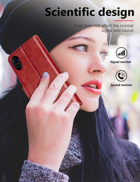 OCASE Phone X Wallet Case - Red, Leather Flip Wallet Cover with Card Slot, Kickstand, Wireless Charging, Phone 10 Case