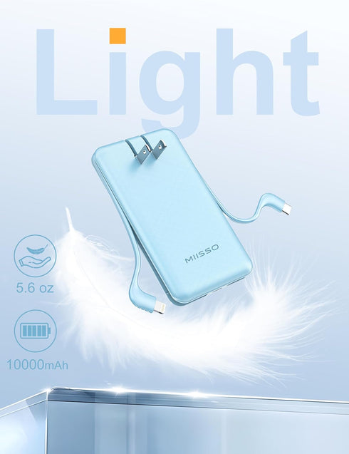 miisso Ultra Slim 10000mAh Power Bank with Built-in Cables, Pocket Size USB C Portable Charger