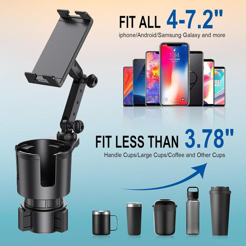 2 in 1 Large Cup Holder Phone Mount Extender,Cup Holder Phone Mount for Car with 360° Rotation Car Cup Holder and Cell Phone Holder Compatible with iPhone,iPad, Tablet,All Smartphones,Black