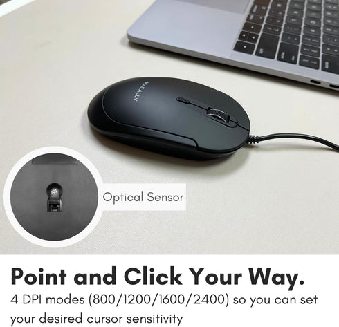 Macally Silent USB Wired Mouse - Slim & Compact for Apple Mac or Windows PC Laptop/Desktop - Black