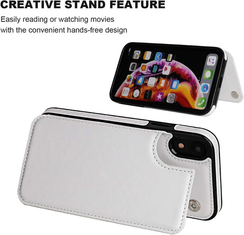 iPhone XR Wallet Case with Card Holder, Premium PU Leather Kickstand, Double Magnetic Clasp, Shockproof Cover (White)