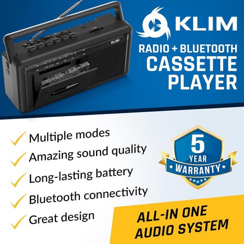 KLIM Cassette Portable Player & Tape Recorder Boombox with AM/FM Radio, USB, Bluetooth, Speaker, and Earphone Jack