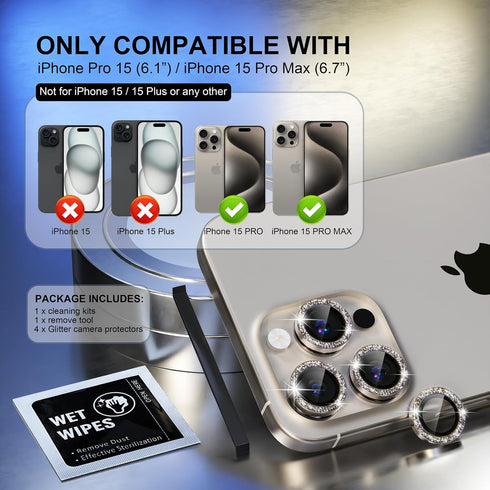 Choiche Compatible for iPhone 15 Pro/iPhone 15 Pro Max Camera Lens Protector Bling, 9H Tempered Glass Camera Cover Screen Protector Metal Ring Decoration Accessories (Glitter-Titanium Natural)