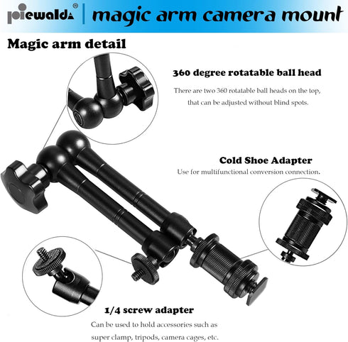 Camera Magic Arm articulating arm- 11 Inch Metal Adjustable Friction Articulated arm with Super Clamp/Phone Clip, for Various Action Camera/DSLR/LCD Monitor/LED Lights/Cell Phone