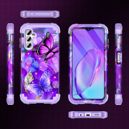 Rancase for Galaxy A15 5G Case,Three Layer Heavy Duty Shockproof Protective Case with 2 Tempered Glass Screen Protector for Samsung Galaxy A15 5G 6.5 inch,Butterfly