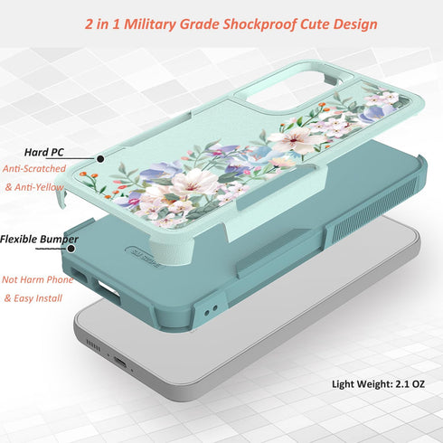 Samsung Galaxy S23 FE 5G Case: Slim TPU Bumper with Cute Floral Design + Screen & Camera Lens Protectors (Mint