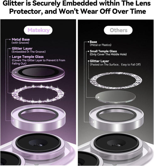 17 9H Matekxy for iPhone Camera Lens Protector Glitter - Cute Girly Metal Individual Bling Ring Cover for Women