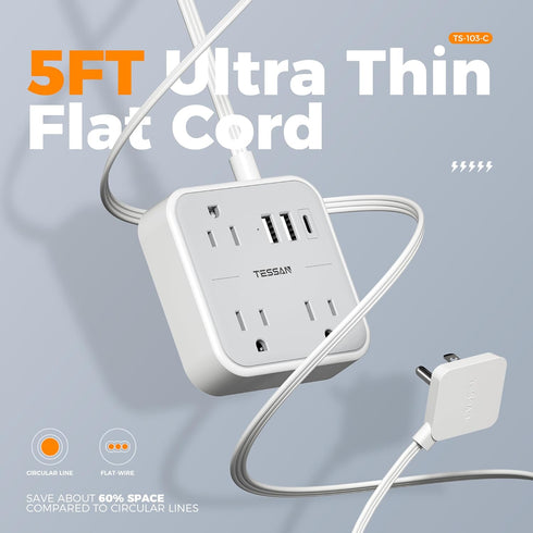TESSAN 5 (1 3 Ultra Thin Flat Extension Cord FT, Slim Power Strip with USB Ports USB C), Surge Protector Flat Plug Wall