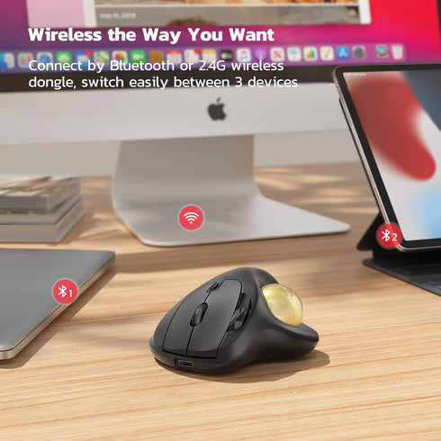 Nulea M501 Wireless Trackball Mouse, Ergonomic Rechargeable, Smooth Tracking, 3 Device Connection for PC, Laptop, Mac