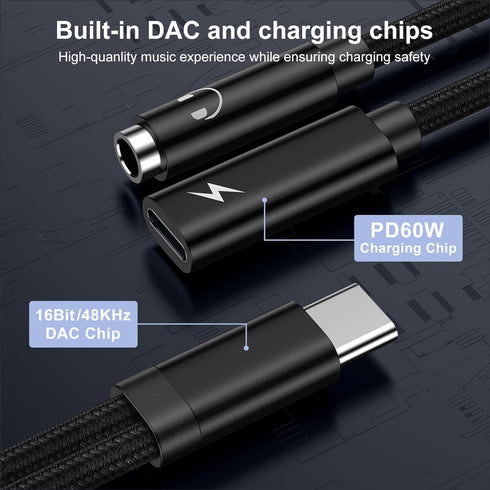 USB C to 3.5mm Headphone and Charger Adapter for Samsung Galaxy A55 A35 S24 S23 Ultra A15 A54 S22 S21, 2 in 1 Dongle