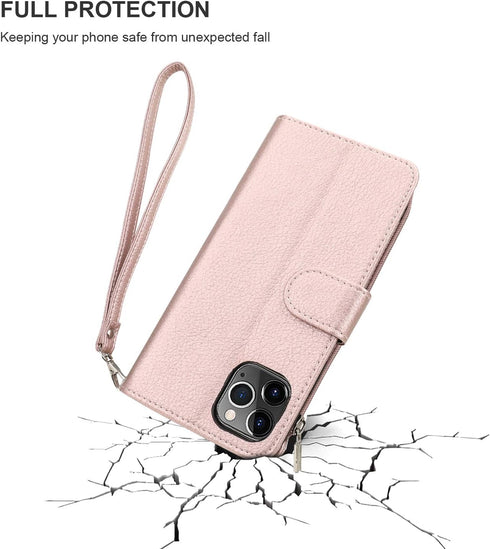 KIHUWEY Premium Leather Wallet Case for iPhone 12 Pro Max, Zipper with Card Holder, Wrist Strap, Rose Gold