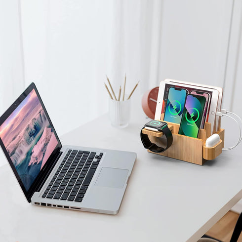 Pezin & Hulin Bamboo Charging Station Organizer for Multiple Devices, Desktop Docking Station for Phone, Tablet,